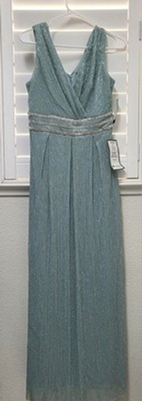 R&M Richards Seafoam Green Shimmer Pleated Maxi Dress Size 10 Rhinestone...